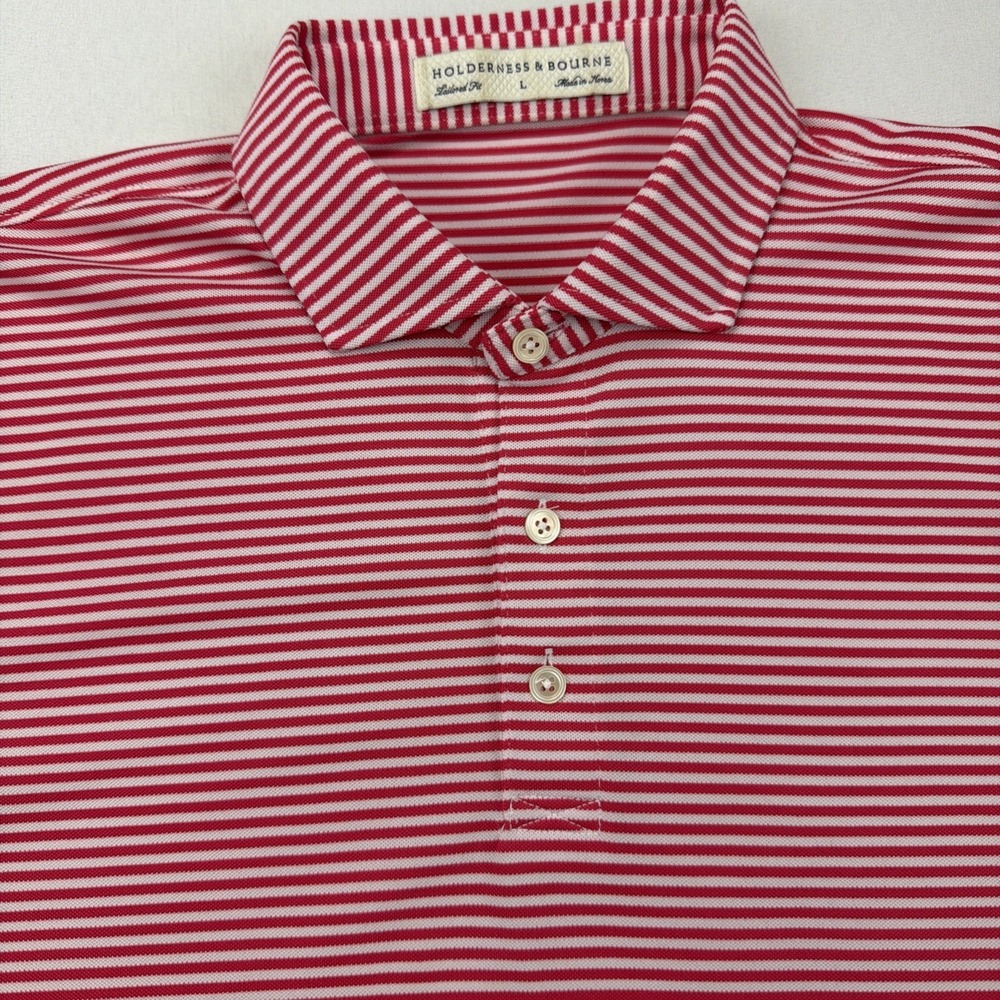 Holderness & Bourne Polo Shirt Mens Size L Red White Striped Golf Short Sleeve - Picture 2 of 9